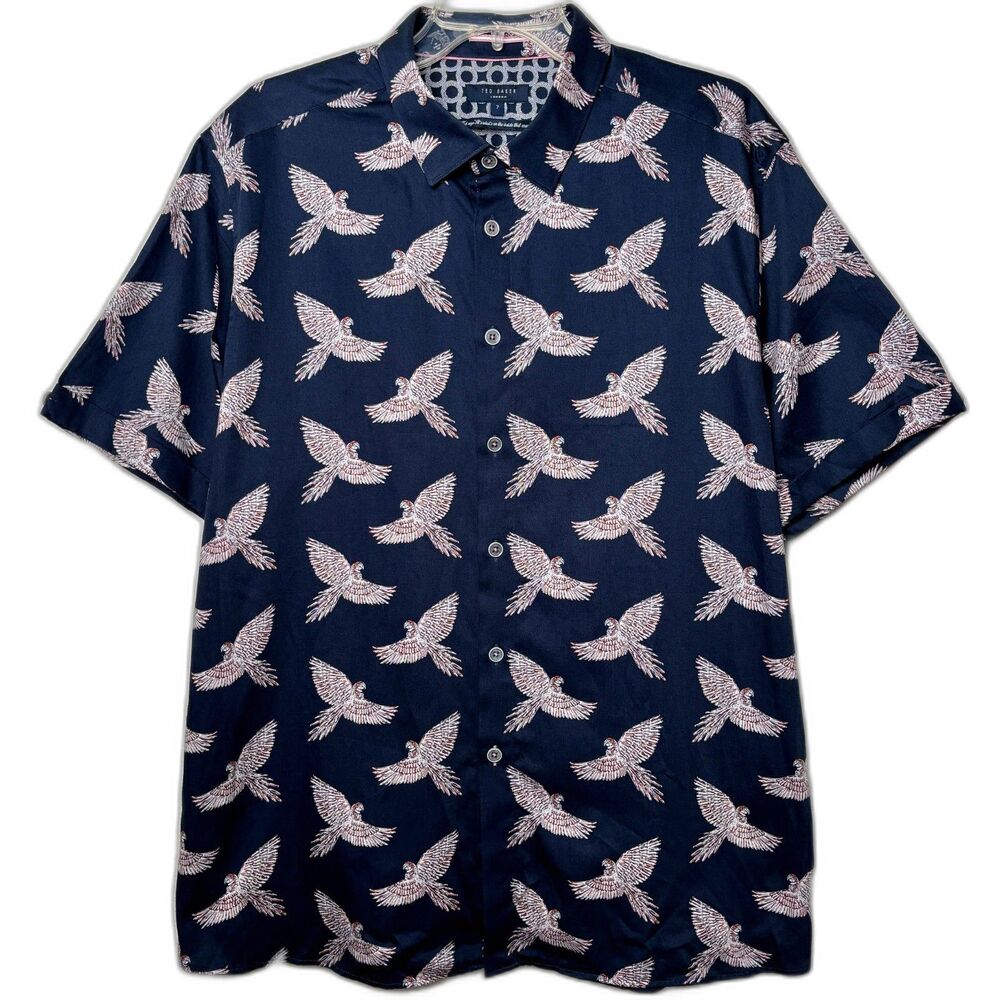 Ted Baker London Shirt Sz 7 (3XL) Navy Blue Bird Print 100%‎ Cotton Short Sleeve